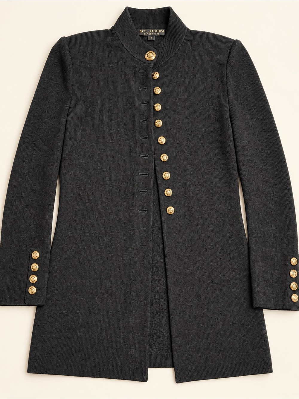 St. John Black Long-Sleeve Military-Style Knit Dress Jacket